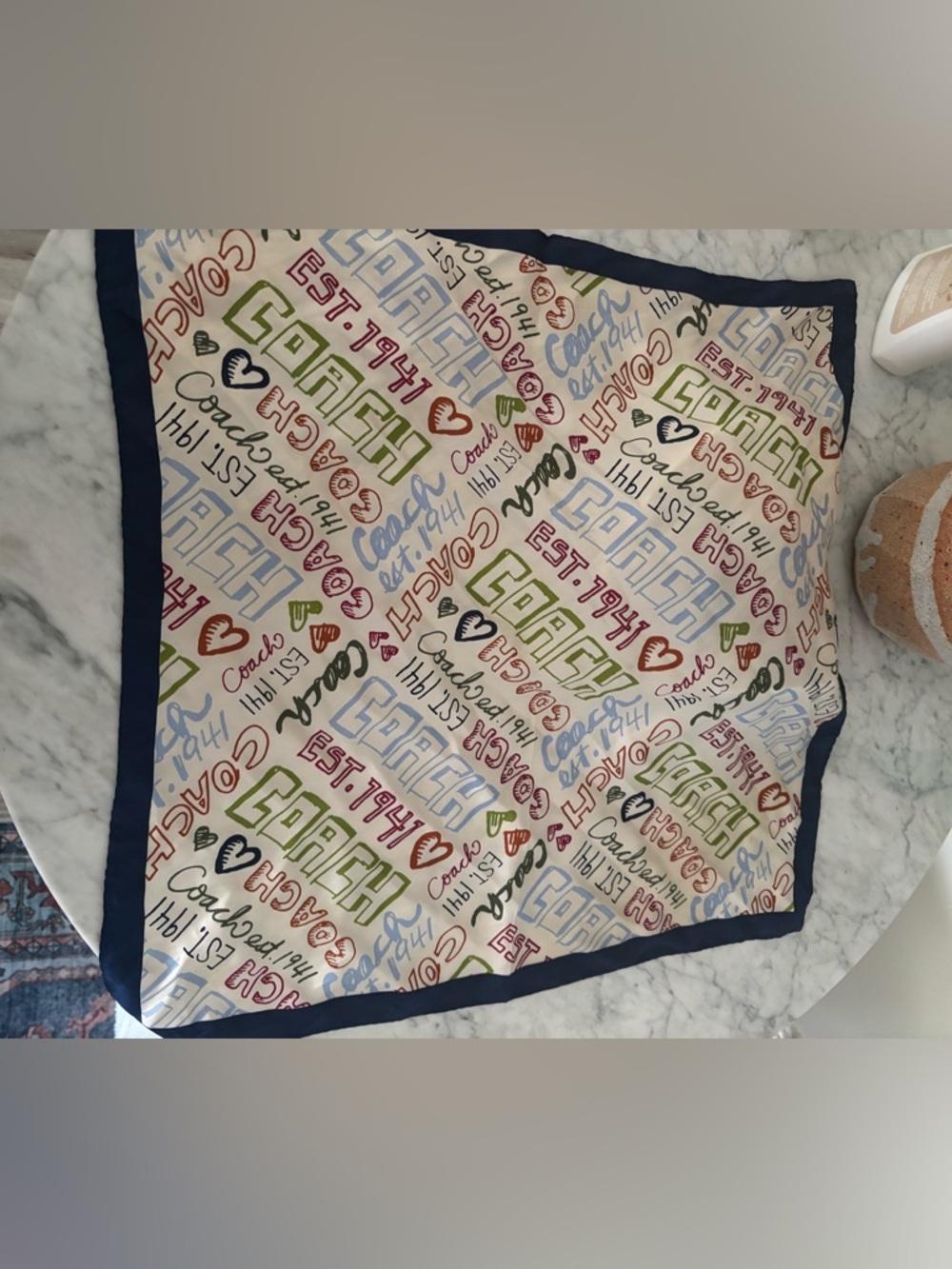 Coach Multi-Color Logo Print Silk Scarf with Navy Border